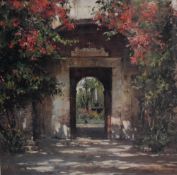 After Cyrus Afsary (American 1941) Lithograph 'Flowered Doorway', a stone archway with pink florals,