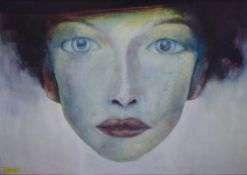 James Palmer (Contemporary) Acrylic on board 'The Girl with no Neck' a portrait of a woman in cool