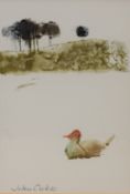 *Local Interest* John Cooke (British 1929 - 2018) watercolour, a duck on a pond with a tree lined
