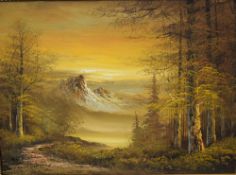 Peter Wood (British Contemporary) Oil on canvas, an autumnal woodland and mountain scene, signed