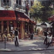 After Brent Heighton (contemporary) print on canvas, depicting a French bistro with waiters