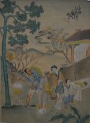 19th/20th century chinese painting on silk, depicting a family at home, inscription and signature