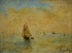 Alfred Stevens (Belgian 1823 - 1906) Oil on board, depicting sail boats and calm sea, signed lower