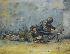 R.L Clapp (British 20th Century) Oil on board, 'Parachute Regiment in Action in the Falklands'