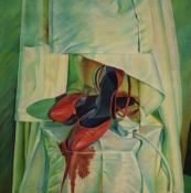 Contemporary oil on canvas, an intriguing study of red shoes with a red wine stain and a plug on a