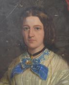 A 19th century oil on canvas portrait of a young woman in a white lace blouse with blue ribbon,