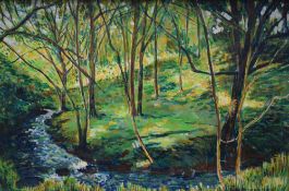 A 20th century acrylic on board, vibrant woodland river scene, signed indistinctively lower right,