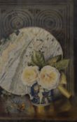 19th/20th century still life watercolour featuring a butterfly next to a fan and two roses in a