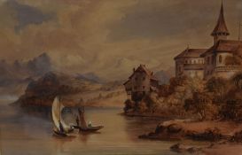 19th Century English School Watercolour, 'Chateau Speitz' French mountainous lake scene with sailing