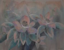 Lee Reynolds Burr (American 1936 - 2017) Oil / mixed media on canvas, pink and teal flowers possibly