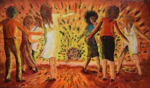 Robert Walling (British 20th Century) Acrylic on board, a vibrant other worldly depiction of figures