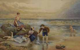 A 19th century English school watercolour, beach scene with curious children and deceased bird,