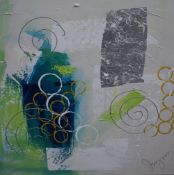A contemporary mixed media on canvas composition in cool tones, signed indistinctively lower