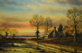 H Bruingart (Continental 20th century) large oil on canvas, 19th century rural scene with thatched