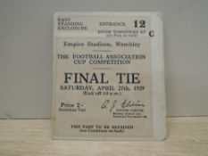 1929 FA Cup Final Ticket, 27th April, Entrance 12, East Standing Enclosure, Bolton Wanderers V