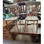 A pine side table with a rectangular top above a pair of drawers on turned legs together with two