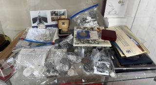 Assorted Medals, together with medallions, tokens, coin sets, silver six pence, foreign white metal,