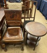An Edwardian mahogany chair together with a pair of leather upholstered dining chairs and a three