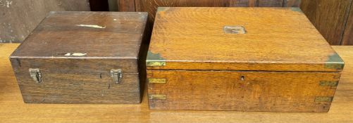 An oak brass bound table top box together with another oak box