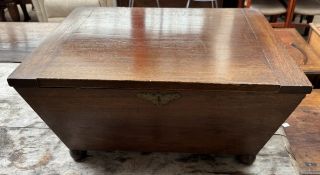 A 19th century mahogany coal box of sarcophagus form with lions head handles on ball feet,