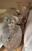 A glass trophy vase for the Douglas Bader celebrity golf tournament and two glass decanters