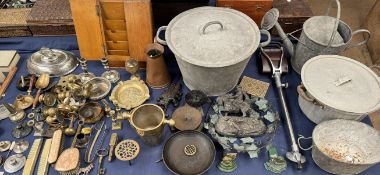 Galvanised pots and covers together with a watering can, shooting stick, oak stationery cabinet,