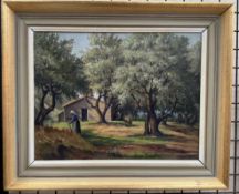 Constance Cooper A landscape scene with a lady and donkey in the foreground Oil on canvas Signed 34