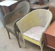 A gold painted wicker chair in the Lloyd Loom style together with a yellow painted wicker chair