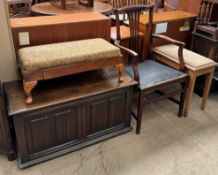 An oak coffer with a linenfold front together with a footstool,