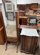A Victorian marble topped and mahogany pot cupboard together with a cheval mirror