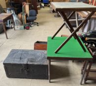 A brass studded coffer together with two folding card tables