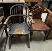 A Victorian mahogany hall chair together with a Windsor type elbow chair