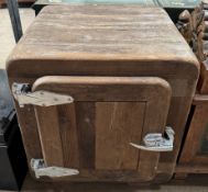 A rustic wooden food safe with chrome fittings and locking handle