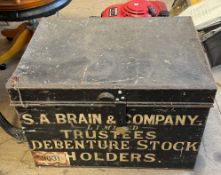 A black painted tin trunk,