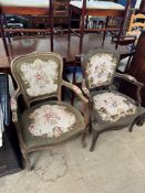 A matched pair of continental tapestry elbow chairs on cabriole legs