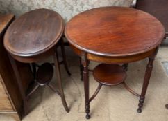 An Edwardian mahogany occasional table with an oval top on square legs together with another