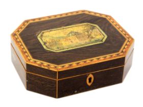 A rosewood print decorated and inlaid Tunbridge ware card and counter box, of elongated octagonal