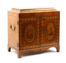 A fine burr yew wood, pen work and print decorated Tunbridge ware sewing cabinet, the concave