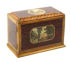 A fine simulated rosewood print and paint decorated Tunbridge ware small table cabinet by Wise, of