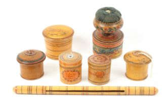 Six whitewood paint decorated sewing accessories, comprising a pin cushion in ring painted