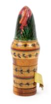 A whitewood paint decorated Tunbridge ware pin poppet / tape measure, the leaf painted cylinder base