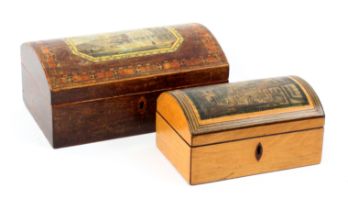 Two print decorated Tunbridge ware boxes, both with curved lids comprising a whitewood example,