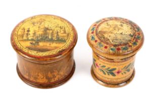 Two whitewood print and paint decorated Tunbridge ware cylinder nutmeg graters, comprising a
