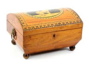 A rosewood print and pen work decorated Tunbridge ware sewing box, the curved lid with an oval