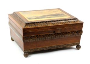 A rosewood inlaid, penwork and print decorated Tunbridge ware sewing box, of rectangular form, the