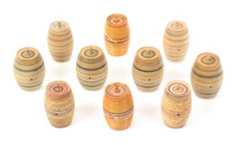 Ten whitewood paint decorated Tunbridge ware cotton barrels, all with ring painted decoration
