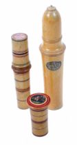 Three whitewood Tunbridge ware sewing accessories, comprising a cylinder case with internal reel and