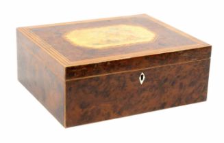 A burr yew wood print decorated and inlaid Tunbridge ware sewing box, of rectangular form, the lid