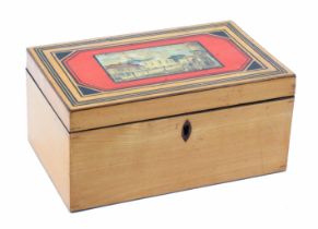 An attractive whitewood print and paint decorated Tunbridge ware box, of rectangular form, the lid