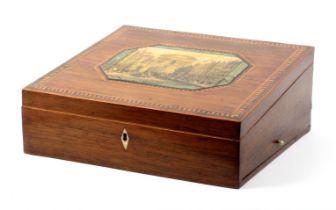 A large rosewood print decorated and inlaid Tunbridge ware writing box, the sloping lid with a cut
